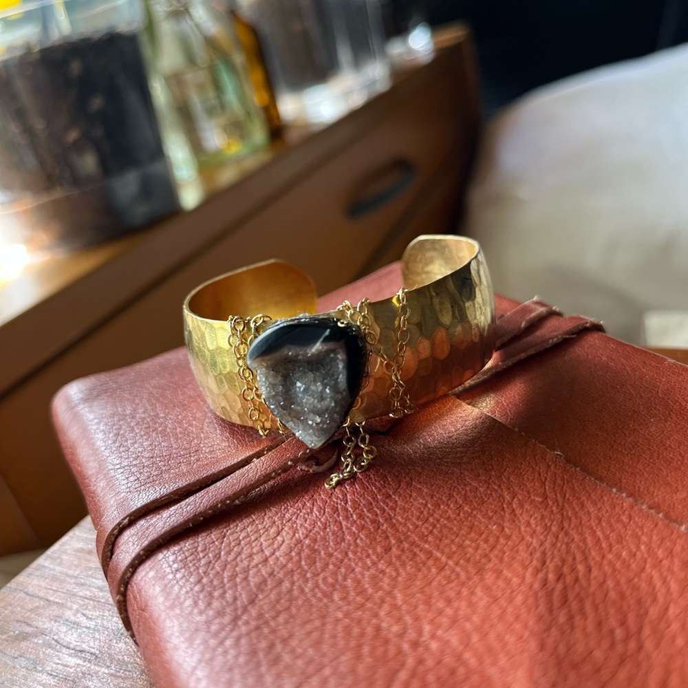 Gold Cuff Bracelet with grey and black druzy gemstone